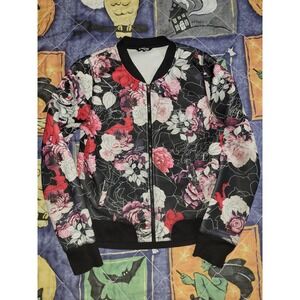 Womens Bebe Sport Floral Bomber Rhinestone Logo Zip-Up Jacket Medium